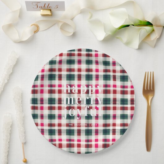 Modern Plaid Christmas | Happy Merry Joyful Pappteller (Hochzeit)