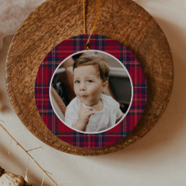 Modern Plaid Christmas Photo Keramik Ornament