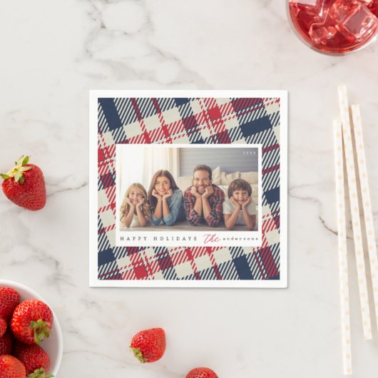 Modern Plaid Pattern Christmas Custom Family Photo Serviette (Beispiel)