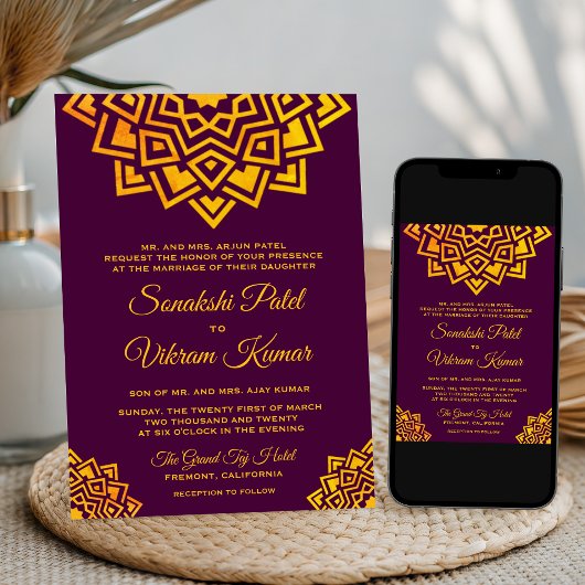 Modern Plum Gold Mandala Indian Wedding Einladung