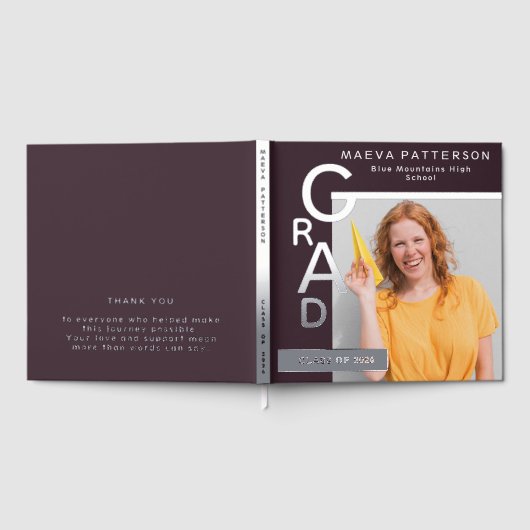 Modern Plum Graduation Photo Silver Gästebuch (Voll)