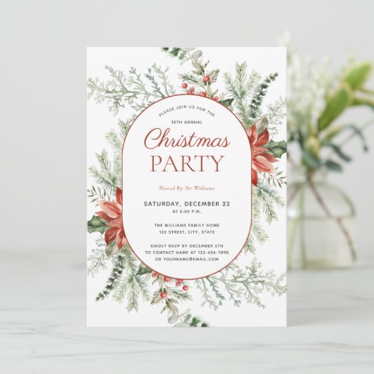 Modern Poinsettia Berry Greenery Weihnachtsfest Pa Einladung (Stehend Vorderseite)