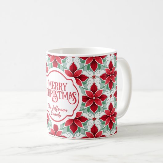 Modern Poinsettia pattern christmas white bg Kaffeetasse (VorderseiteRechts)