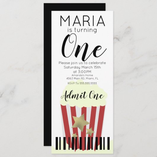 Modern Popcorn Movies Ticket Style Party Einladung (Vorne/Hinten)