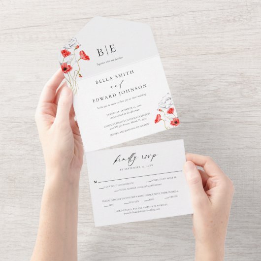 Modern Poppy Red Blume Monogram Wedding All In One Einladung (Abreißen)