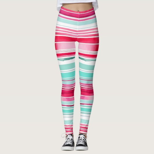 Modern Preppy Cyan Magenta Watercolor Stripe Leggings (Vorderseite)