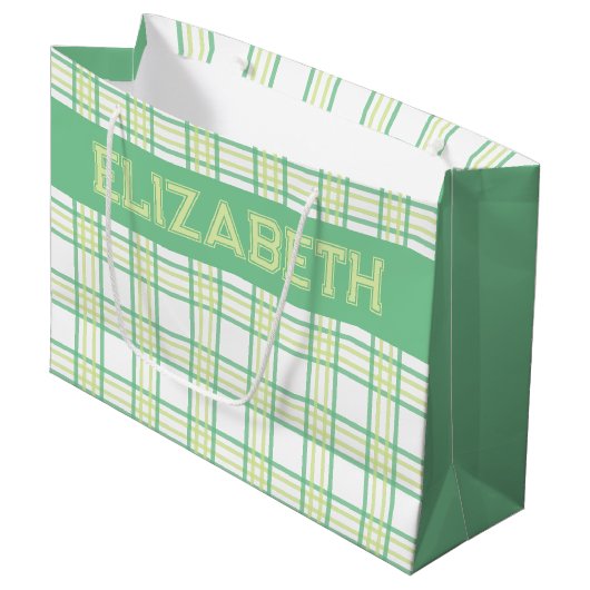 Modern Preppy Plaid Green Lime Pattern Große Geschenktüte (Vorderseite Schrägansicht)