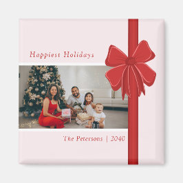 Modern Preppy Red Ribbon Bow Wrap Photo Christmas Magnet