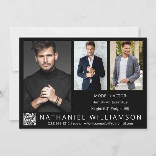 Modern Pro Model Actor 3 Foto QR Code Comp Card Einladung (Vorderseite)