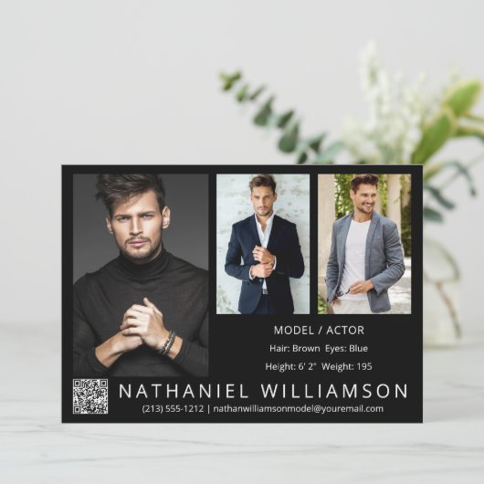 Modern Pro Model Actor 3 Foto QR Code Comp Card Einladung (Stehend Vorderseite)