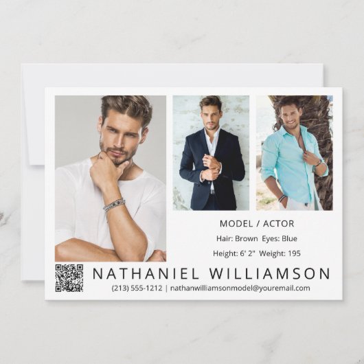Modern Pro Model Actor 3 Fotos QR Code Comp Card Einladung (Vorderseite)