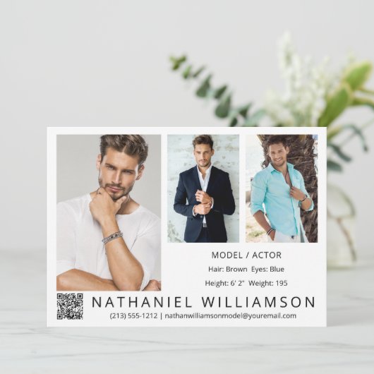 Modern Pro Model Actor 3 Fotos QR Code Comp Card Einladung (Stehend Vorderseite)