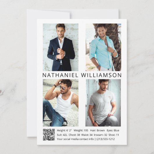 Modern Pro Model Actor 4 Fotos QR Code Comp Card Einladung (Vorderseite)