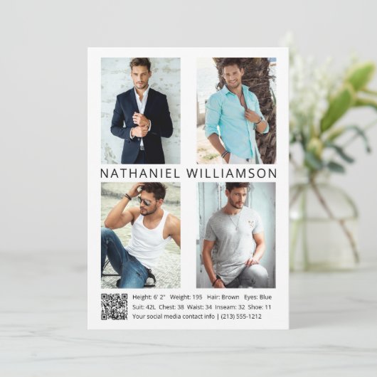 Modern Pro Model Actor 4 Fotos QR Code Comp Card Einladung (Stehend Vorderseite)