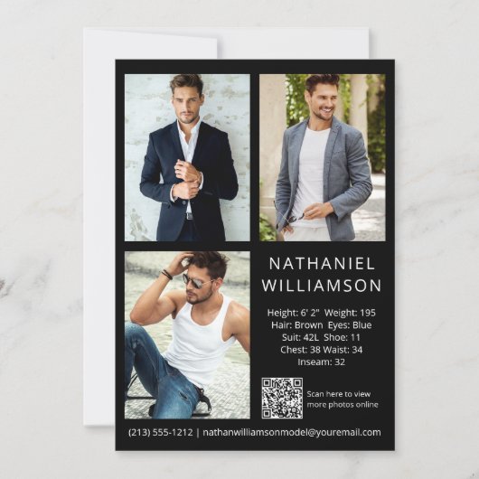 Modern Pro Model Actor QR Code 3 Foto Comp Card Einladung (Vorderseite)