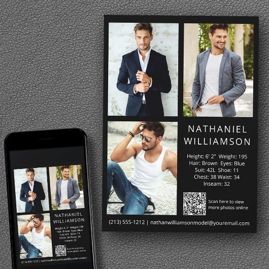 Modern Pro Model Actor QR Code 3 Foto Comp Card Einladung