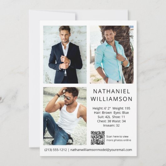Modern Pro Model Actor QR Code 3 Fotos Comp Card Einladung (Vorderseite)