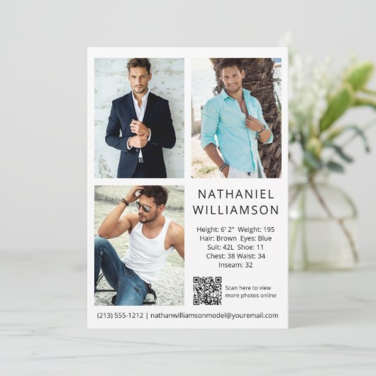 Modern Pro Model Actor QR Code 3 Fotos Comp Card Einladung (Stehend Vorderseite)