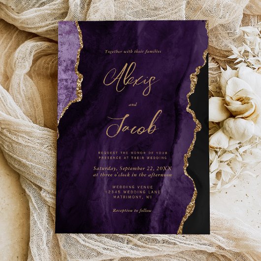 Modern Purple Agate Chic Script Wedding Einladung