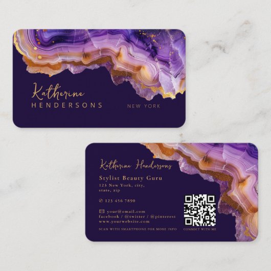 Modern Purple Agate & gold glitter marble QR Code Visitenkarte (Vorne/Hinten)