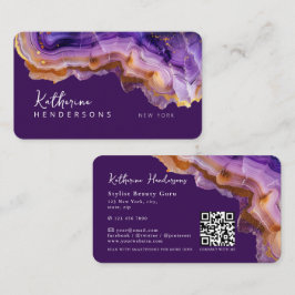 Modern Purple Agate & gold glitter marble QR Code Visitenkarte