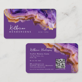 Modern Purple Agate & gold glitter marble QR Code Visitenkarte