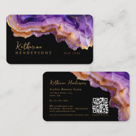 Modern Purple Agate & gold glitter marble QR Code Visitenkarte