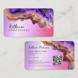 Modern Purple Agate & gold glitter marble QR Code Visitenkarte