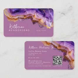 Modern Purple Agate & gold glitter marble QR Code Visitenkarte