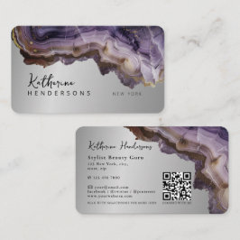Modern Purple Agate & gold glitter marble QR Code Visitenkarte