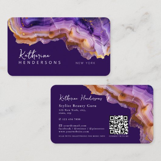 Modern Purple Agate & gold glitter marble QR Code Visitenkarte (Vorne/Hinten)