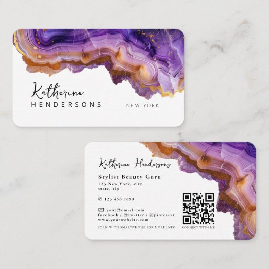 Modern Purple Agate & gold glitter marble QR Code Visitenkarte (Vorne/Hinten)