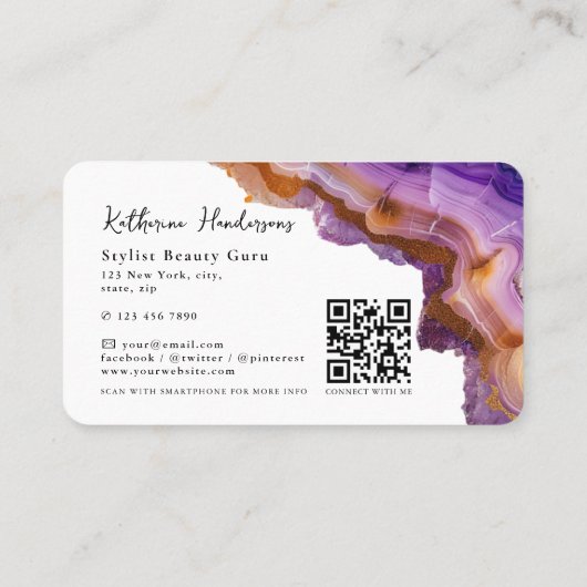Modern Purple Agate & gold glitter marble QR Code Visitenkarte (Rückseite)