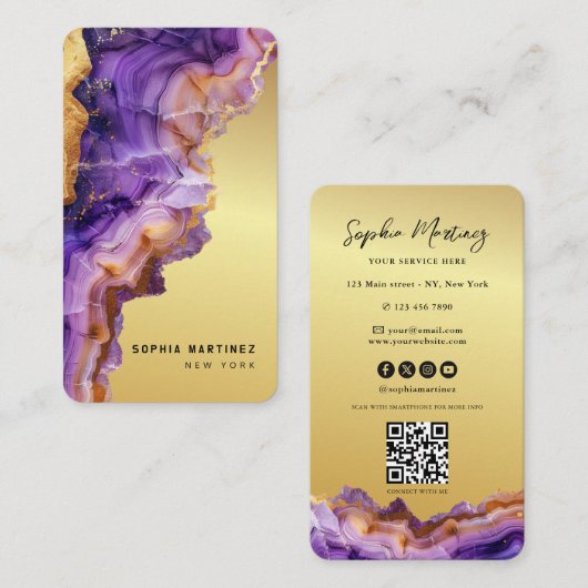 Modern Purple Agate gold marble & QR Code Logo Visitenkarte (Vorne/Hinten)