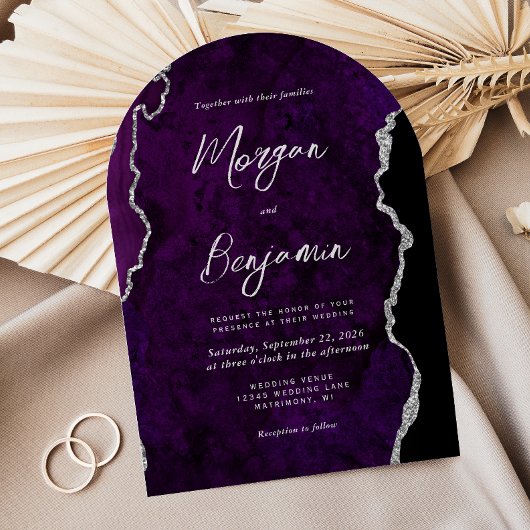 Modern Purple Agate Silver Script Arch Wedding Einladung