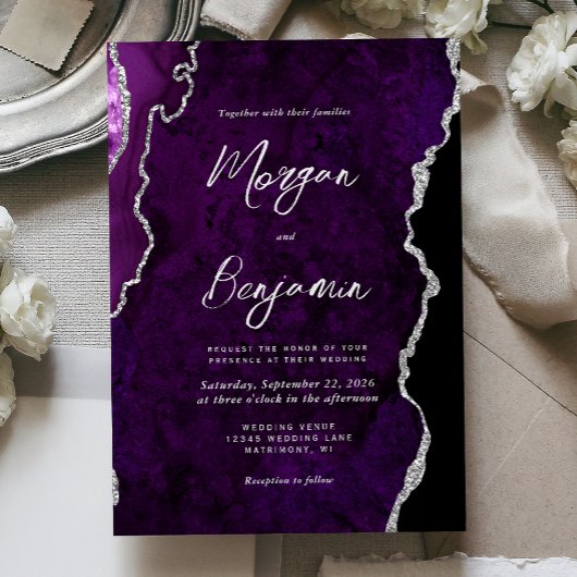 Modern Purple Agate Silver Script Wedding Einladung