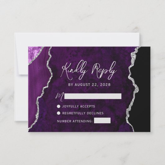Modern Purple Agate Silver Script Wedding RSVP (Vorderseite)