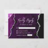Modern Purple Agate Silver Script Wedding RSVP Karte (Vorderseite)