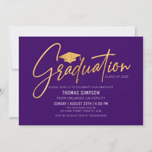 Modern purple and gold Graduation Invitation Einladung (Vorderseite)