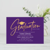 Modern purple and gold Graduation Invitation Einladung (Stehend Vorderseite)