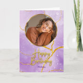 Modern Purple and Gold Photo & Name Birthday Karte (Vorderseite)