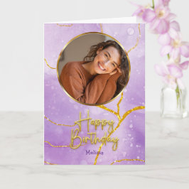 Modern Purple and Gold  Photo & Name Birthday Karte