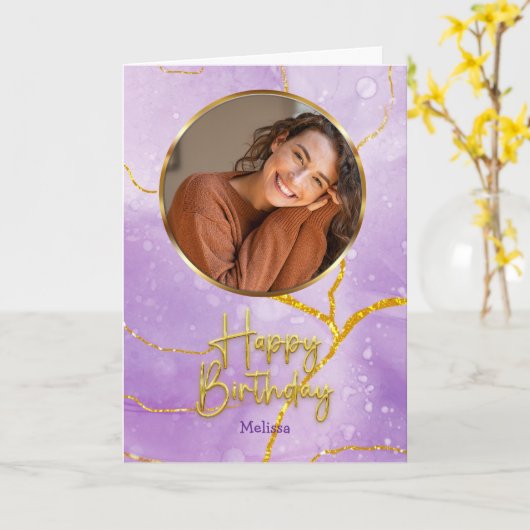Modern Purple and Gold Photo & Name Birthday Karte (Gelbe Blume)