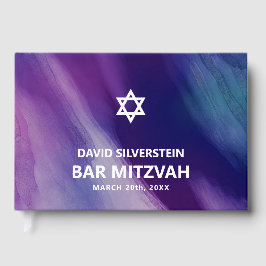 Modern Purple Blue Star David Bar Mitzvah Hebrew Gästebuch