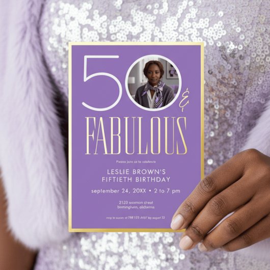 Modern Purple Fifty Fabulous Photo Birthday Folieneinladung