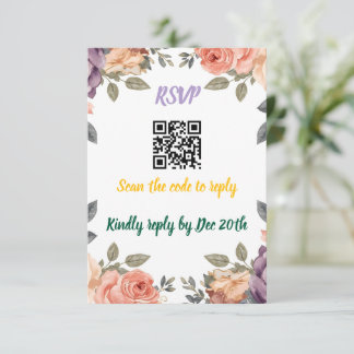 Modern Purple Floral QR Code RSVP | Scan to Reply  Begleitkarte