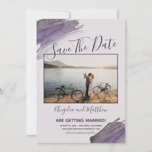 Modern Purple Glitter Spark Save The Date Photo (Vorderseite)