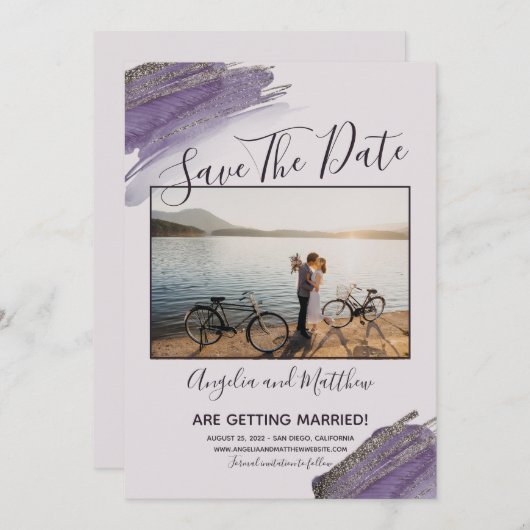 Modern Purple Glitter Spark Save The Date Photo (Vorne/Hinten)