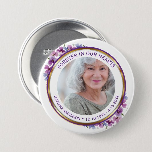 Modern Purple & Gold Floral Forever in our Hearts Button (Vorne & Hinten)