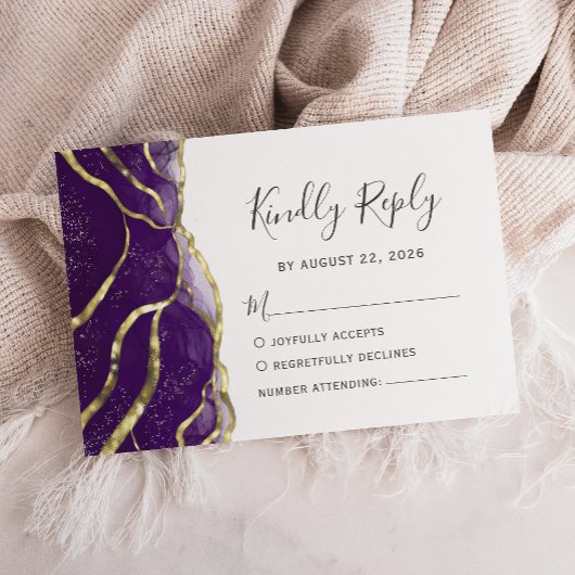 Modern Purple Gold Ink Wedding RSVP Karte